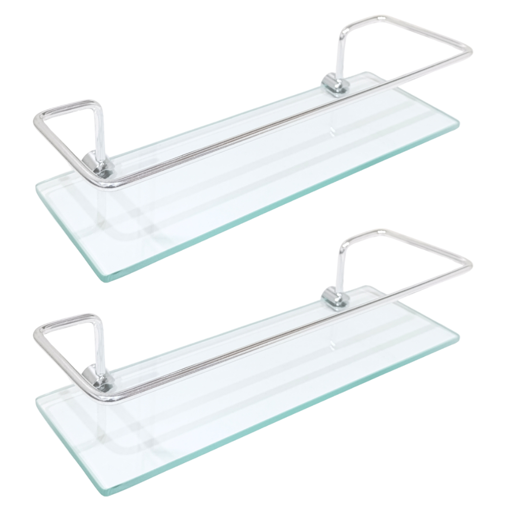 Kit C/ 2 Porta Shampoo Reto Para Banheiro e Lavabo Suporte Prateleira Cromado Com Vidro Incolor
