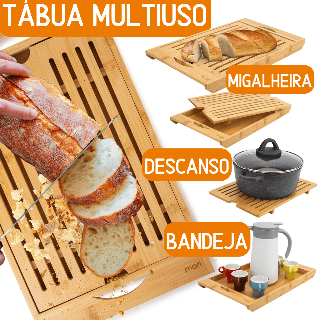 Tábua de Corte e Migalheira 4 em 1 de Bambu - Para Pão Bolo Fruteira Bandeja e Descanso de...