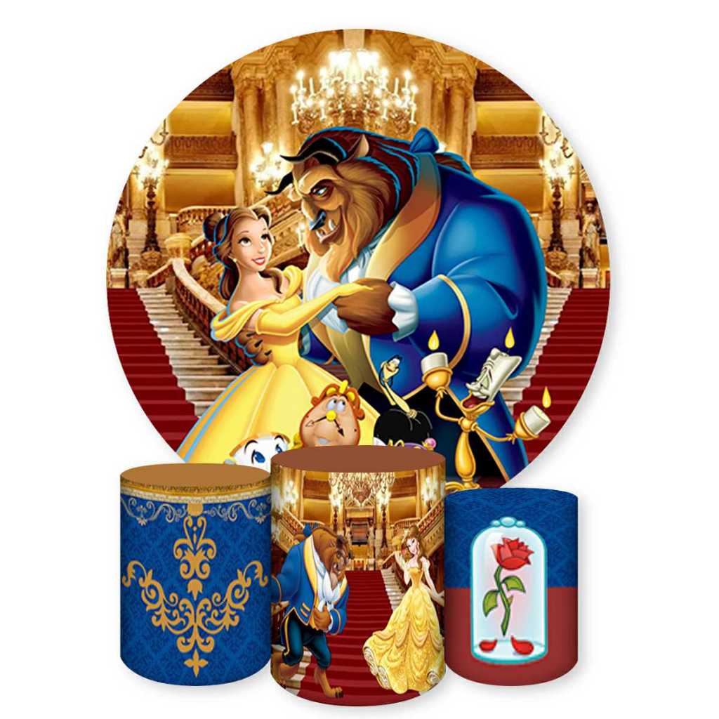 Kit Capa Painel Redondo + Capas Cilindros Sublimados Para Festas Tema A Bela e a Fera em Oferta na Shopee