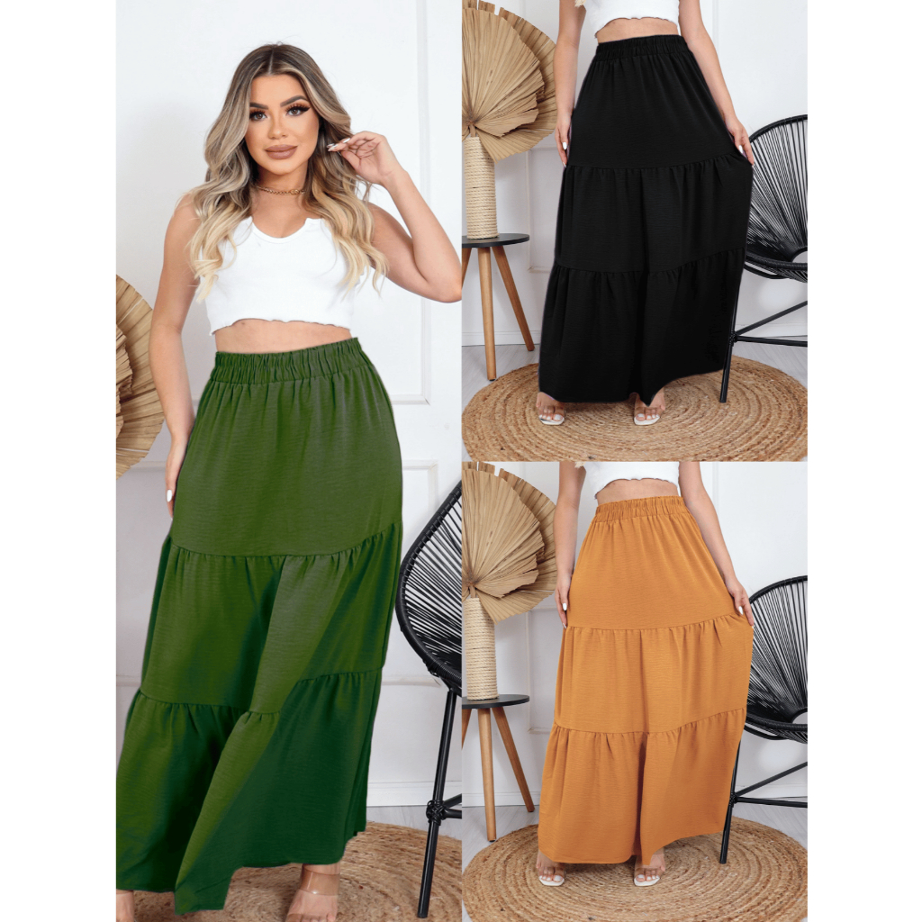 ZAVA Saia Cintura Elástica Longa Duna Evangélica Três Maria em Oferta na Shopee