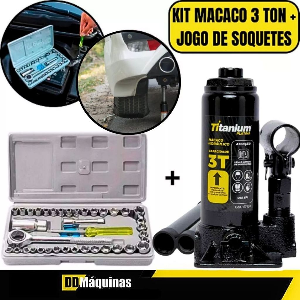 Kit Soquetes Com Chave Reversível 40 Peças + Macaco Hidráulico Garrafa 3 Toneladas -Titanium/Fasterr