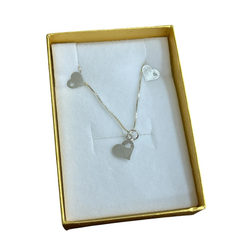 Kit Conjunto para Presente Colar Venezia,Brincos,Pingente Coração com Coração Vazado PRATA 925 LEGITIMA + Caixinha