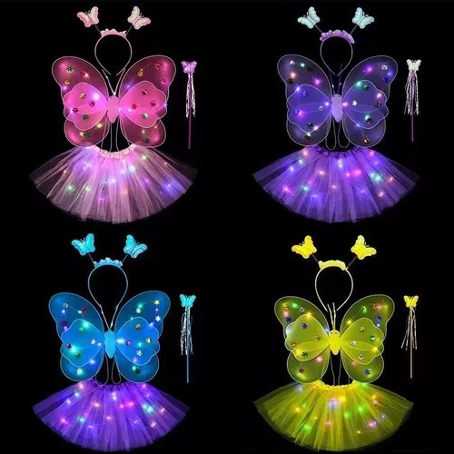 Kit Fantasia Borboleta Fada com Led com Tiara e Saia Tule Volumosa Completo com Varinha Carnaval Festas