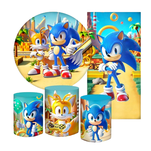 PAINEL DE FESTA SUPER SONIC CUTE EM TECIDO SUBLIMADO 4K