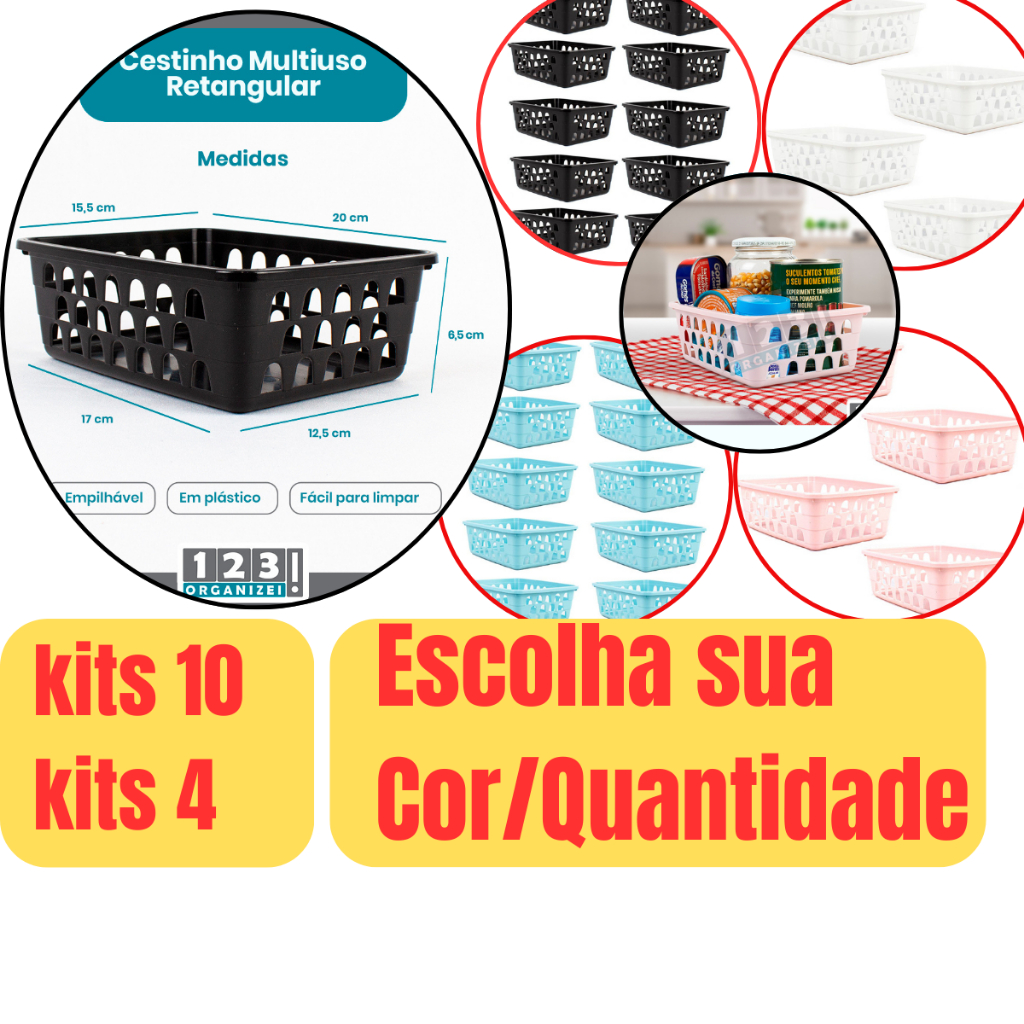 Kit Cestos Multiuso Organizador Pequeno 16x12x6Cm Ideal para Armários, Gavetas e Prateleiras