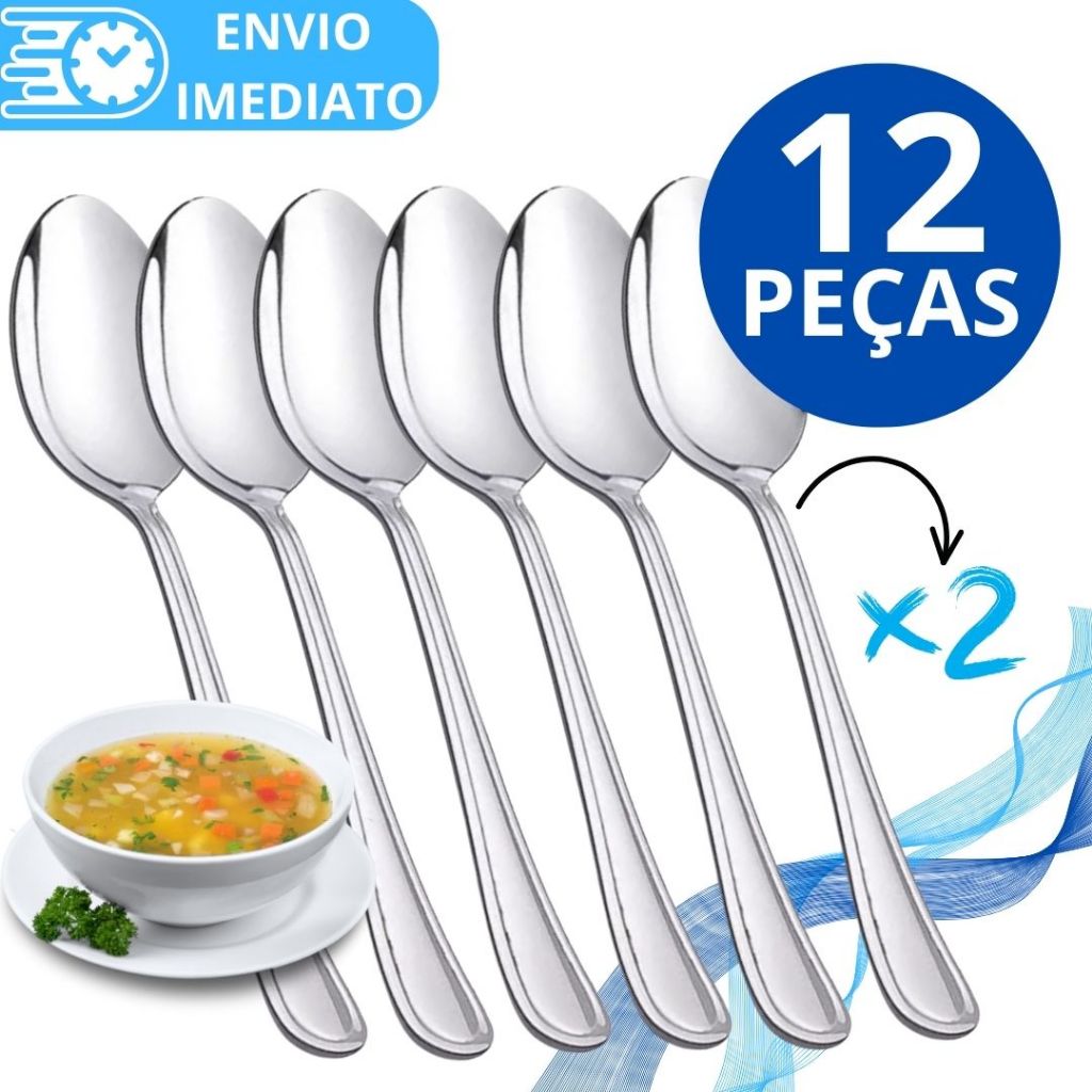 KIT 12 Colher de Mesa Talher Aço Inox GRANDE Brilhante Luxo Sopa Arroz Para Casa Cozinha Bar Restaurante Buffet Faqueiro