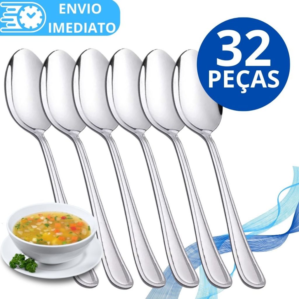 KIT 32 Colher de Mesa Talher Aço Inox GRANDE Brilhante Luxo Sopa Arroz Para Casa Cozinha Bar Restaurante Buffet Faqueiro