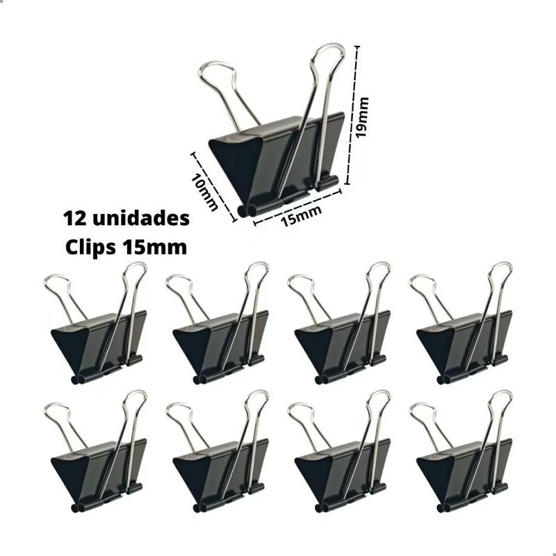 Kit 12 Unidades Clips Borboleta Prendedor De Papel Binder 32/19/15/25/51mm preto