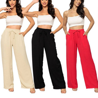 Calça Pantalona Feminina  Cintura Alta Flare Bolsos