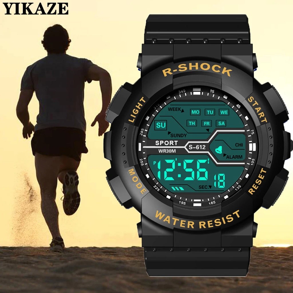YIKAZE - Relógio esportivo PRETO multifunções masculino digital LED mostrador grande impermeável luminoso eletrônico