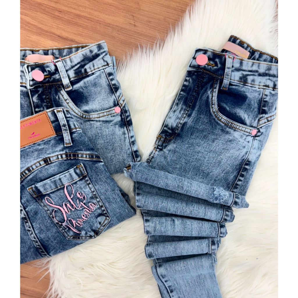 Calça Jeans Super Premium Feminina Sal e Pimenta Com Elastano Bordada