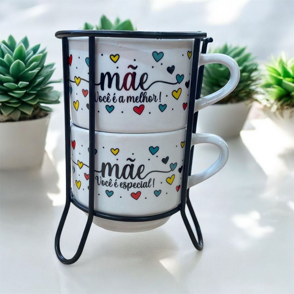 Kit Xícara com 2 Empilhável 200ml Branca Coração Colorido Mães (você é a melhor -você é especial)