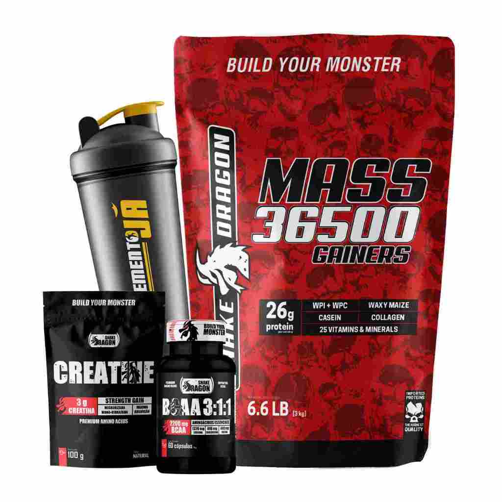 Kit Suplemento - Mass 36500 3KG SN + Creatine Black (Creatina) 100g + BCAA 3:1:1 + Coq 600ml em Oferta na Shopee