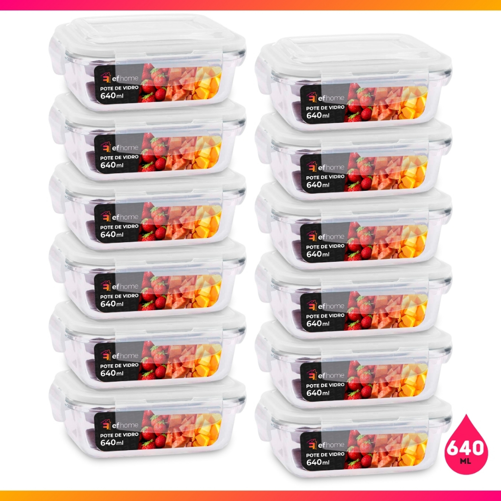Imagem Kit 12 Potes Hermético 640ml Pote de Vidro Retangular Organizador Marmita Forno Microondas Freezer