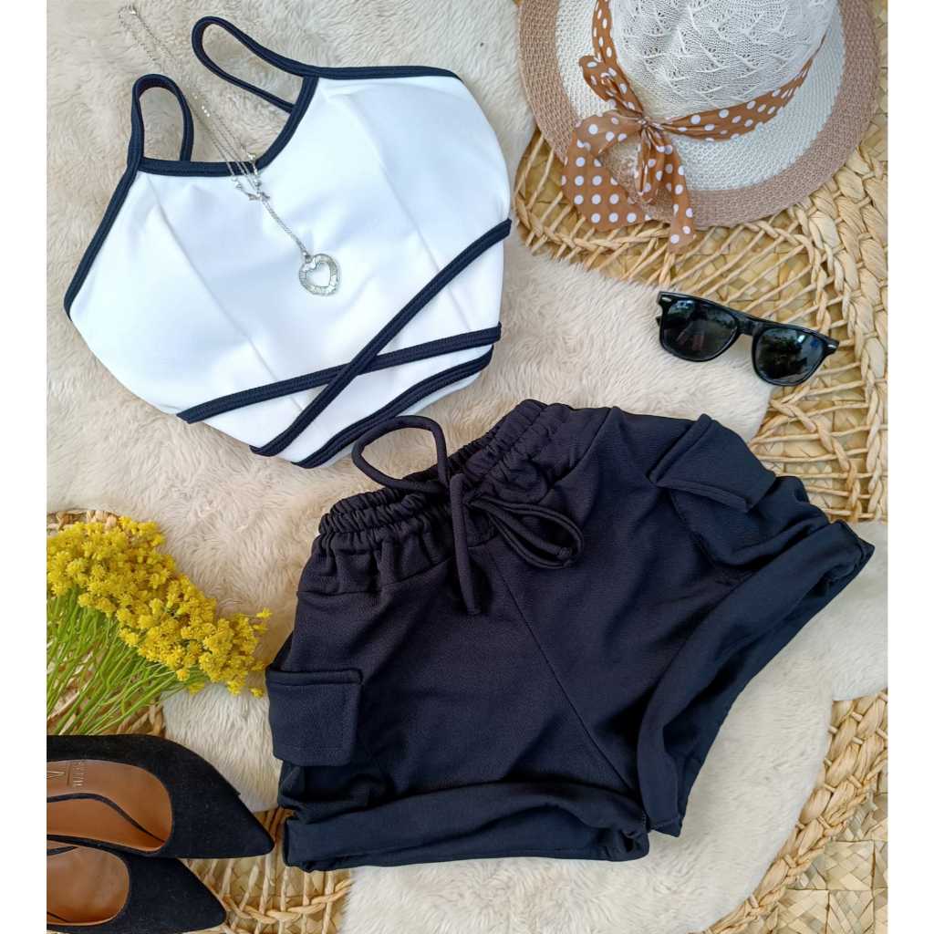 Conjunto Feminino Short Cargo Cós alto + Cropped Com Bojo em Oferta na Shopee
