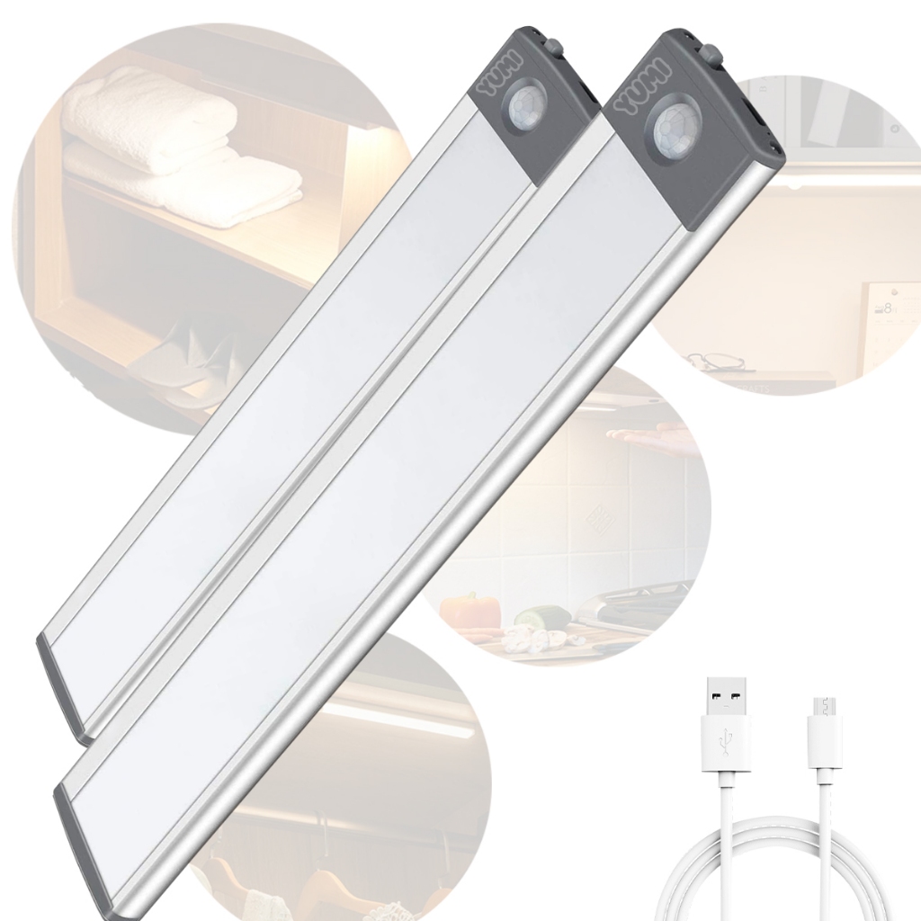 Kit 2 Barras Led Slim 40 Cm Recarregável USB Com Sensor De Presença - Acabamento Em Inox