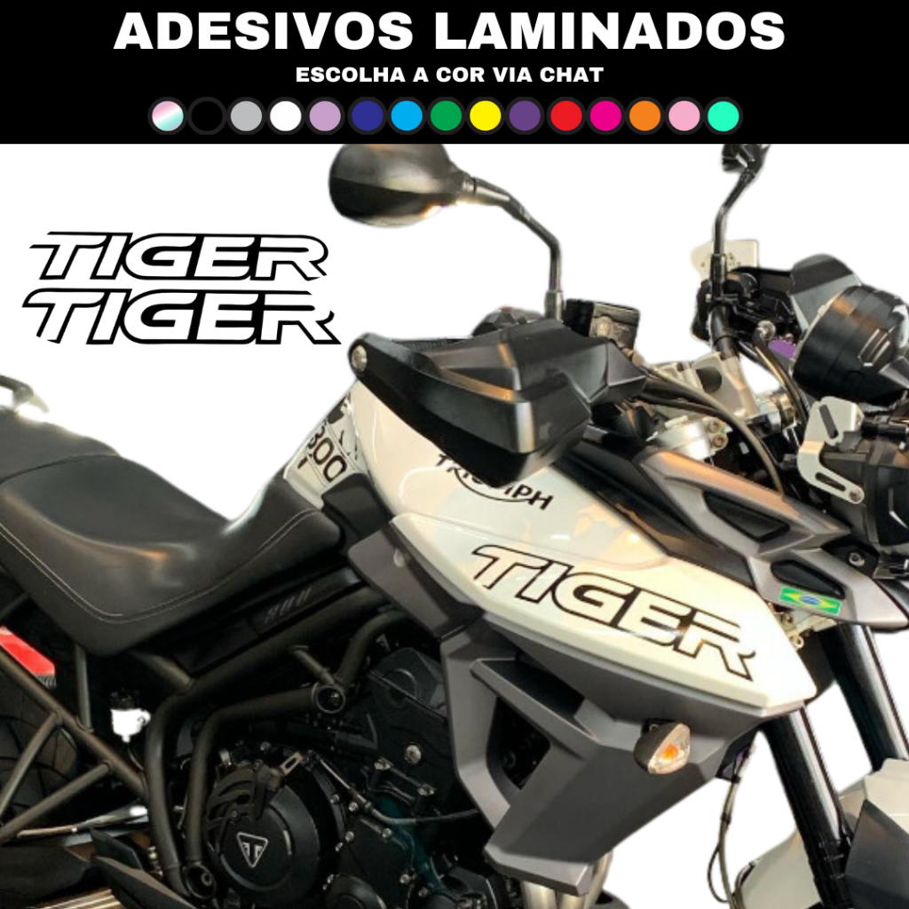 KIT PAR ADESIVOS MOTO TIGER 800 2019 FAIXAS ESCRITA TIGER ABAS LATERAIS ABA LATERAL TRIUMPH TIGER XR X