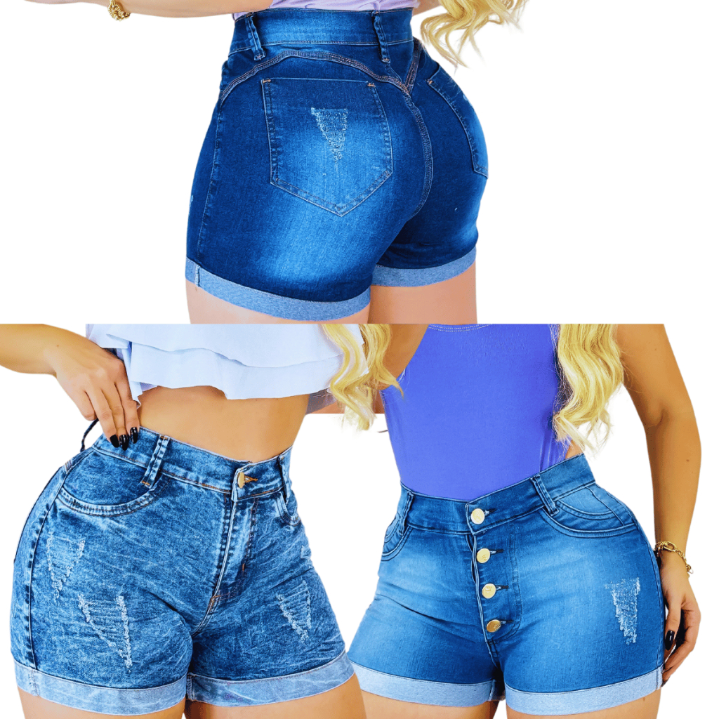 Kit 3 Shorts Jeans Feminino Cintura Alta Com Lycra Elastano Veste Bem 03 Bermuda Hot Pant Luxo em Oferta na Shopee