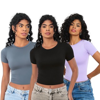 KIT 03 - Baby Tee Feminina - Blusa Slim Fit Manga Curta - Blusa Compressão em Oferta na Shopee