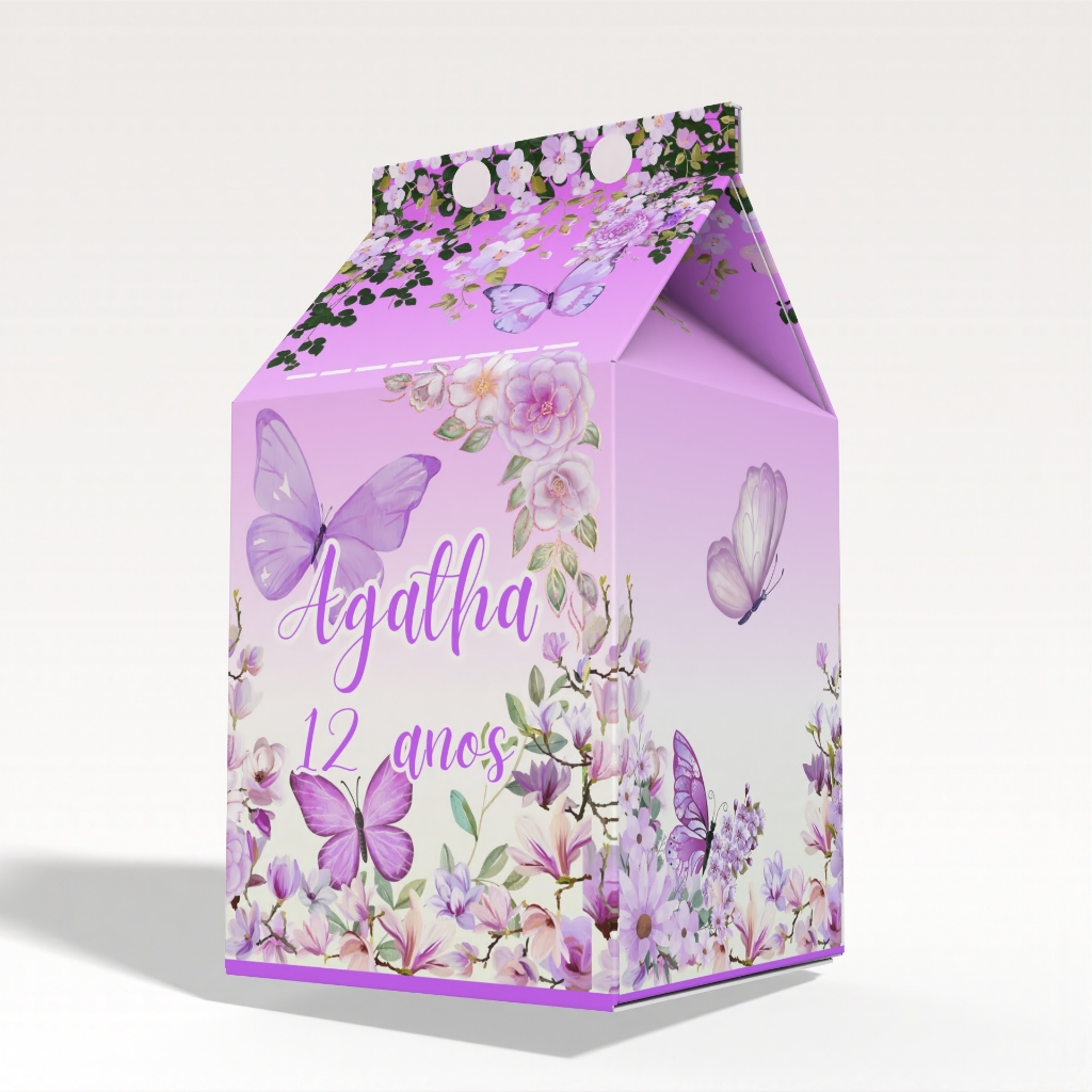 Caixinha Milk Jardim Encantado Lilás/Roxa para Festa Personalizada - Lembrancinha para Festa