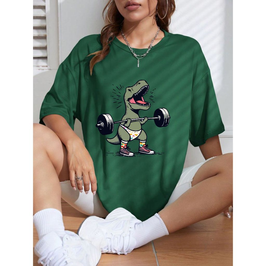 Camiseta Feminino Modelo Academia Ombro Caido Estampa Dinossauro Algodão em Oferta na Shopee