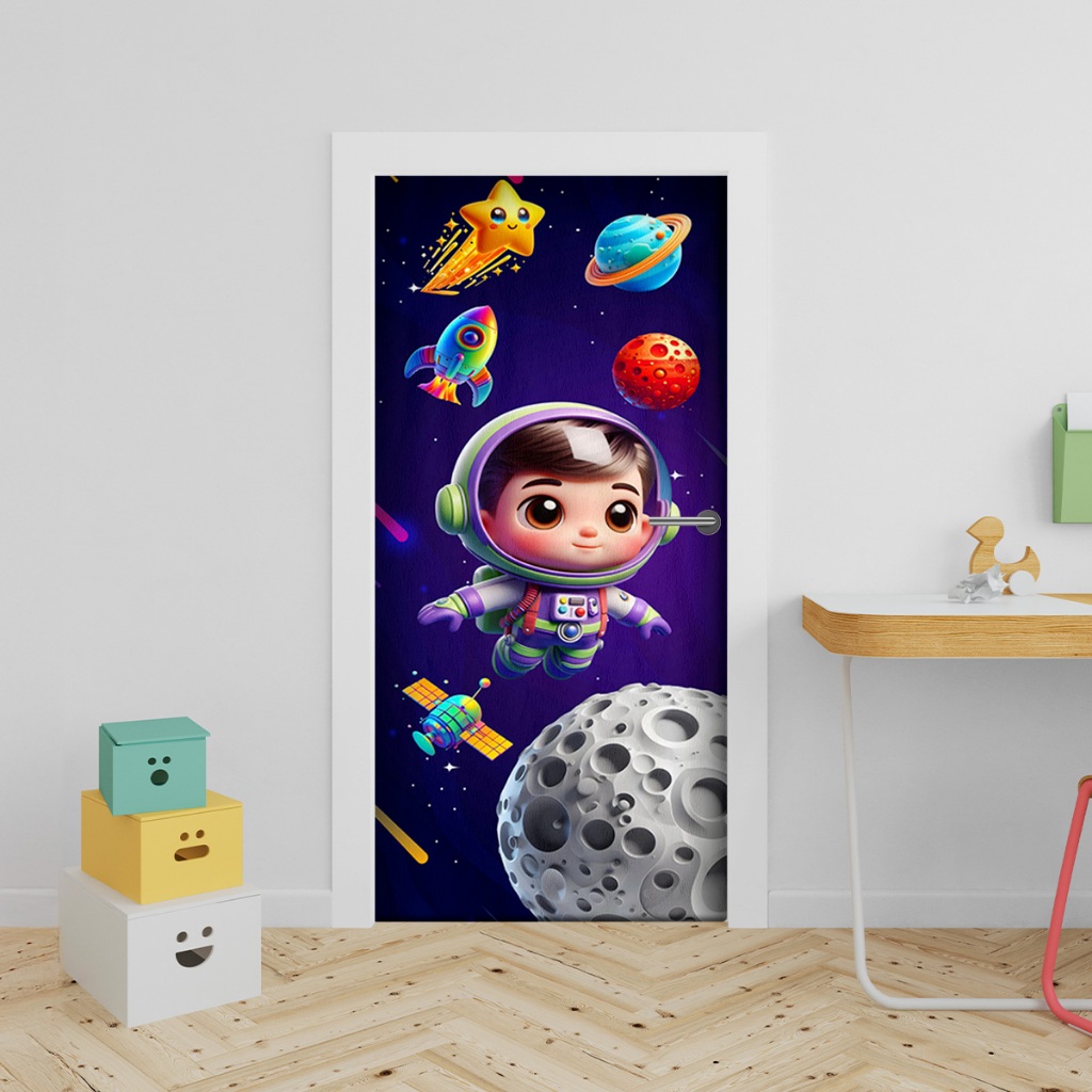 Capa Decorativa de Porta Sublimados C/ Elástico 0,75x2,10m Tema Astronauta