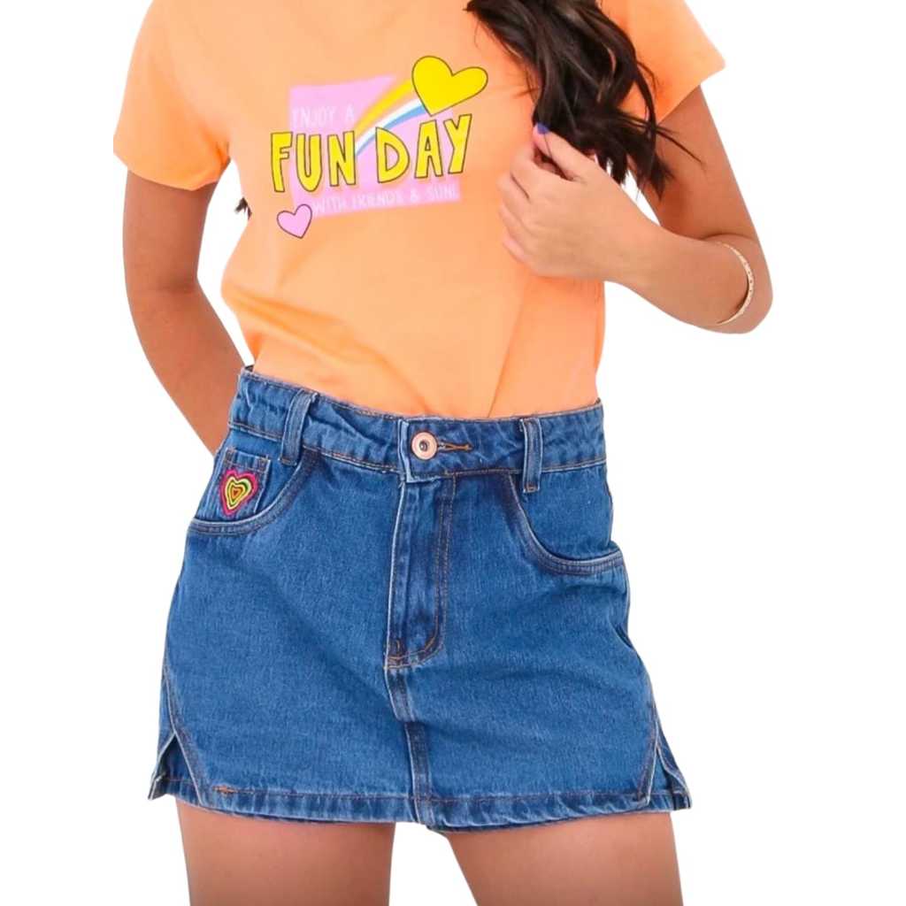 Short Saia jeans bordada juvenil estilo do 10 ao 16 anos roupa de menina juvenil
