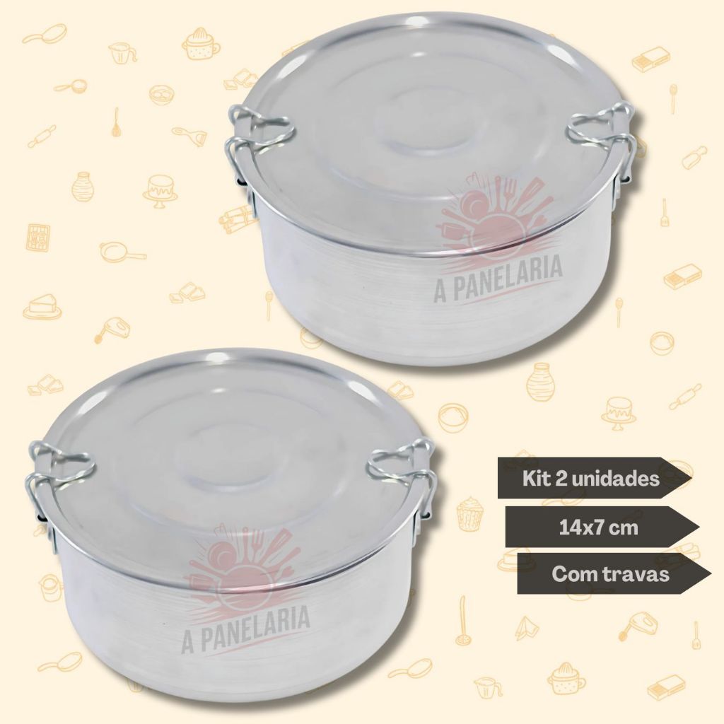 Kit 2 marmitas 14 cm de alumínio polido com tampa e travas almoço janta em Oferta na Shopee