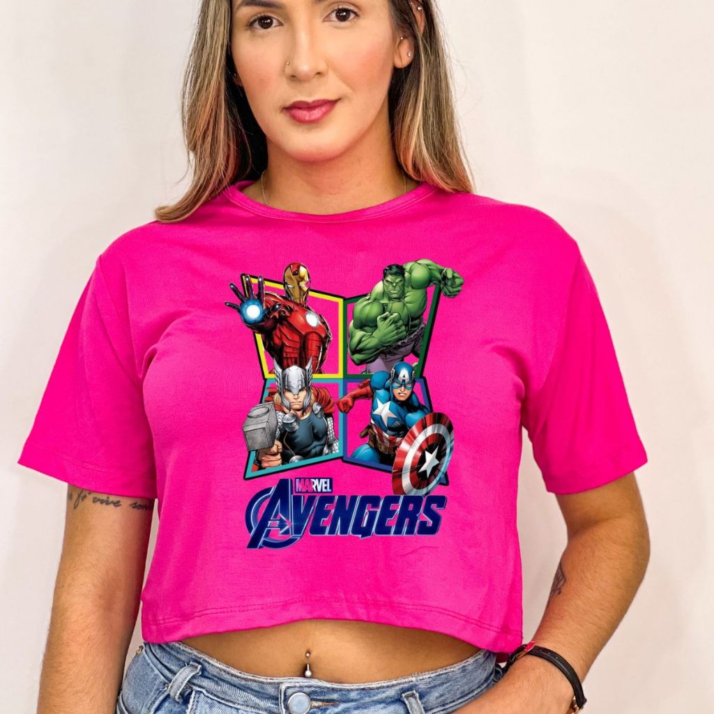 Detalhes do Cropped feminino estampa Os vingadores camiseta t-shirt