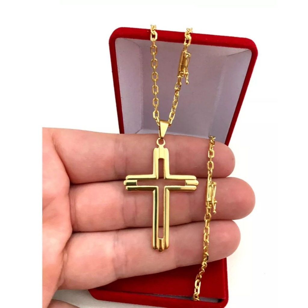 Conjunto Kit Cordão + Pulseira Cadeado 3 mm Liga de Moeda Antiga Banhado a Ouro 18k