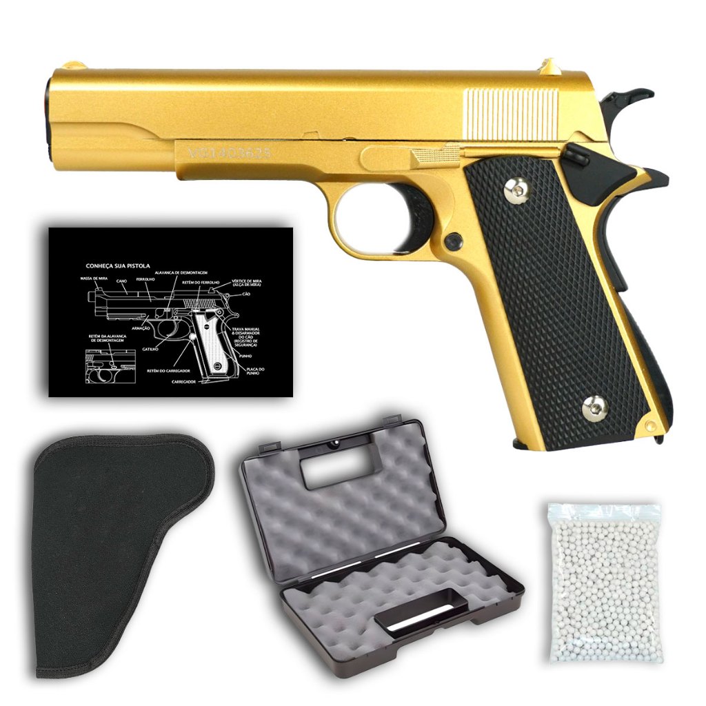 Pistola de Airsoft Spring VG 1911-V14 Gold 6mm – Rossi + Esferas + Maleta + Coldre + GunPad em Oferta na Shopee