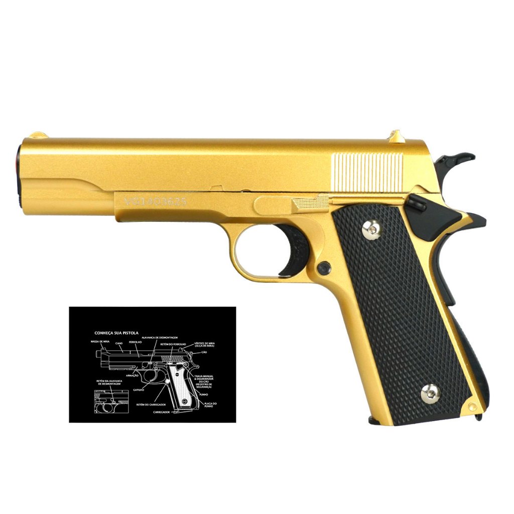 Pistola de Airsoft Spring VG 1911-V14 Gold 6mm – Rossi + GunPad em Oferta na Shopee