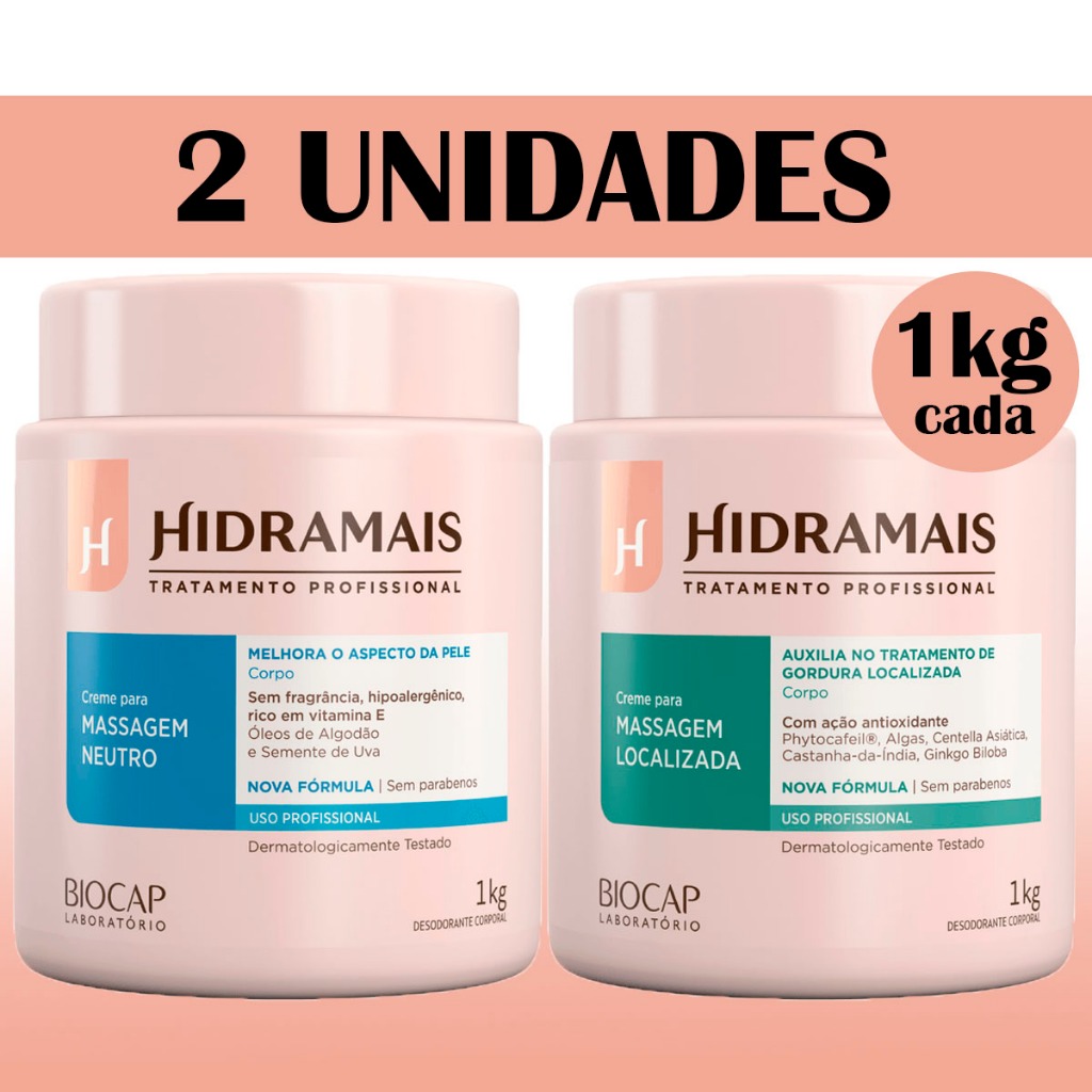 Kit com 1 Creme Hidramais para Massagem Neutro 1kg + 1 Creme Hidramais para Massagem Localizada 1kg em Oferta na Shopee
