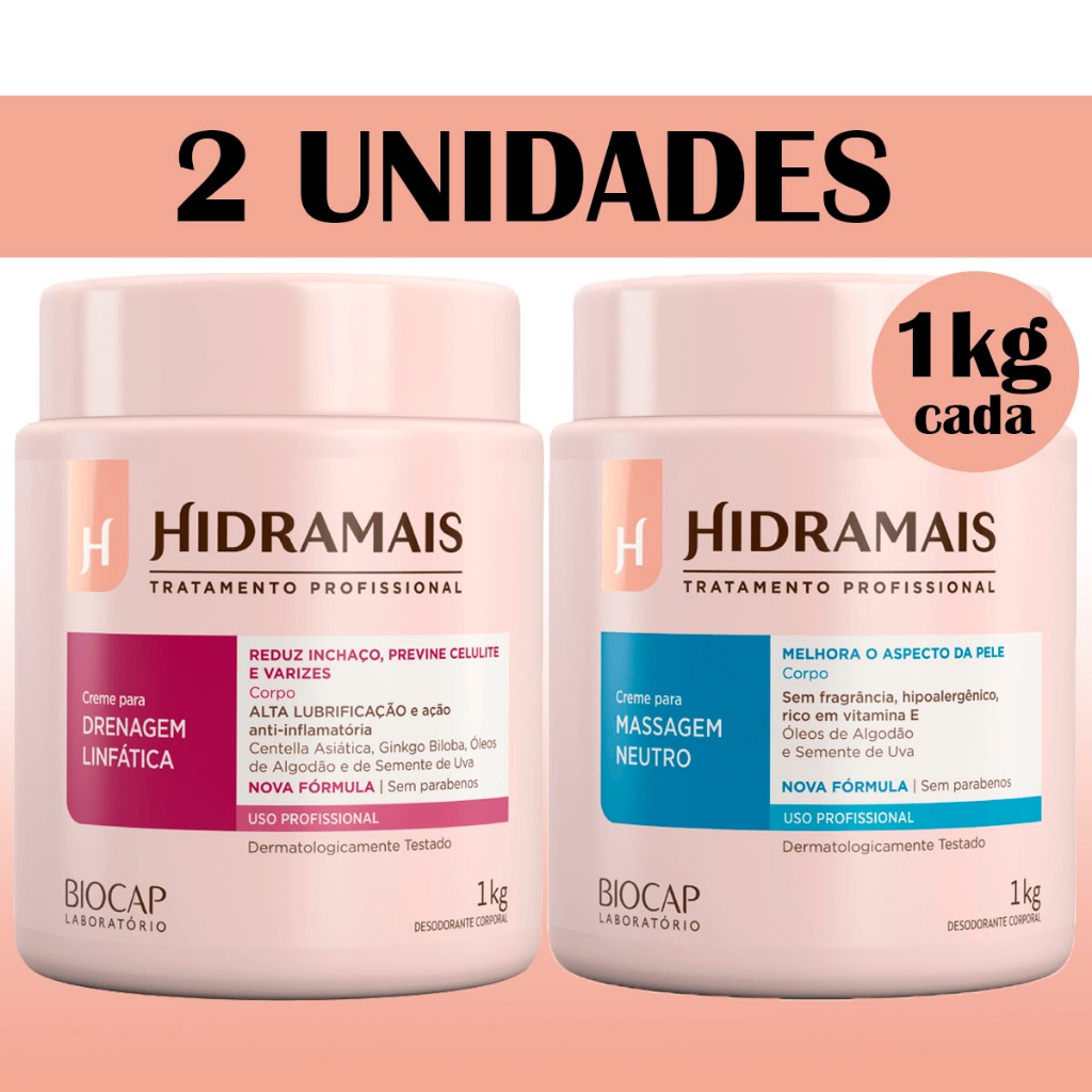 Kit Com 1 Creme Hidramais para Drenagem Linfática 1kg + 1 Creme Hidramais para Massagem Neutro 1kg - Beauty