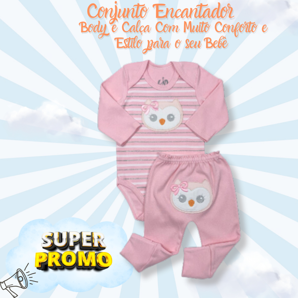 Super conjunto borie e culote de bebê com estampa e bordado