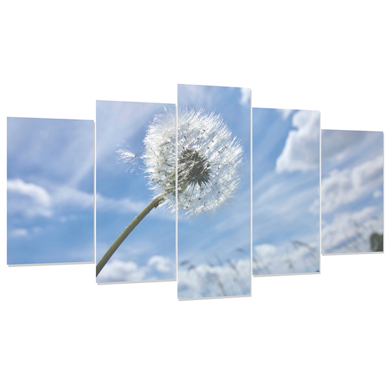 Quadro Decorativo Mosaico 5 Peças Sala Quarto Flores Dente de Leão Paisagem Horizonte Céu