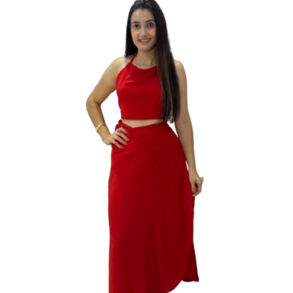 Conjunto Saia Envelope mais Cropped Duna Transpassada Longa produto de luxo