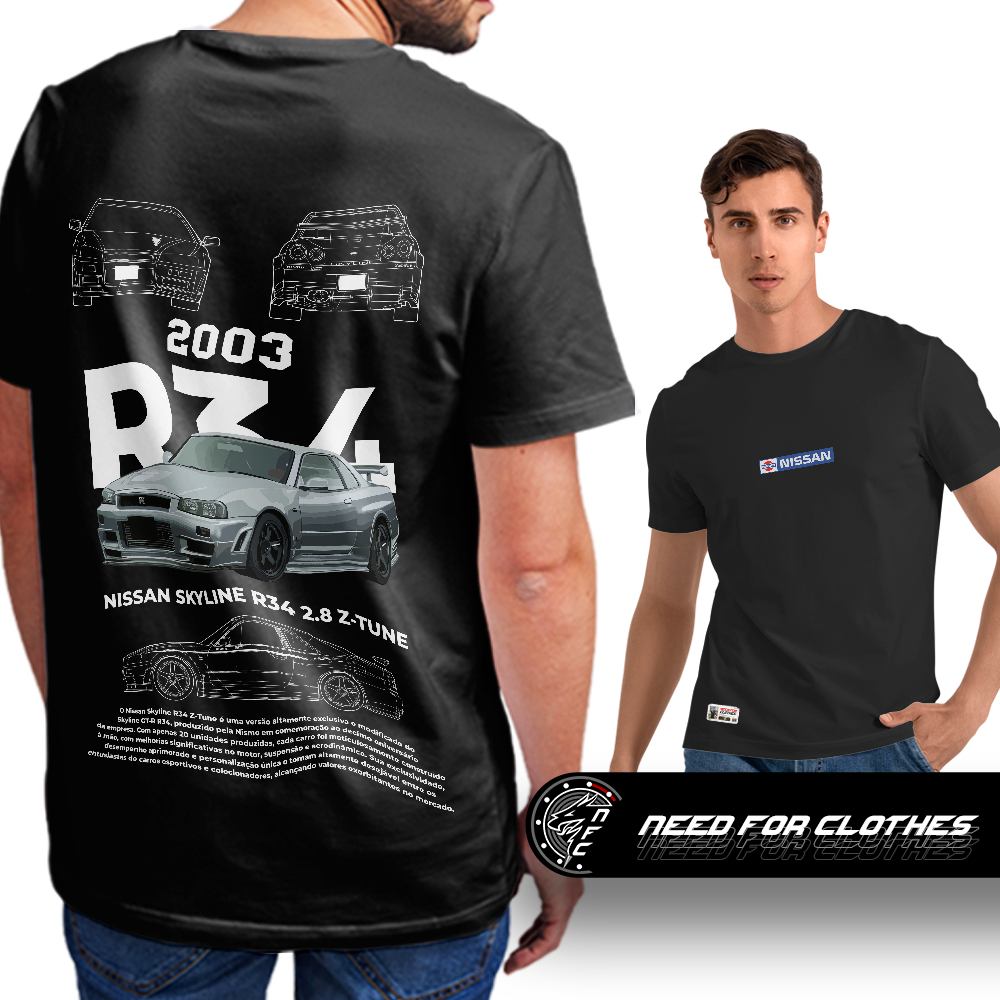 Camiseta Nissan Skyline R34 Z-Tune 2003, Superesportivo Japonês, 2.8 Turbo, Drift, Nismo, JDM
