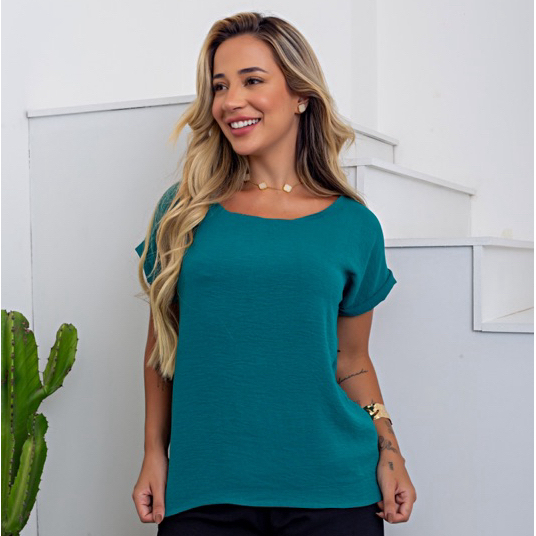 Blusa Feminina Manga Estilo Básico e Elegante Manguinha Curta Tecido Duna Moda Blogueira Tendência