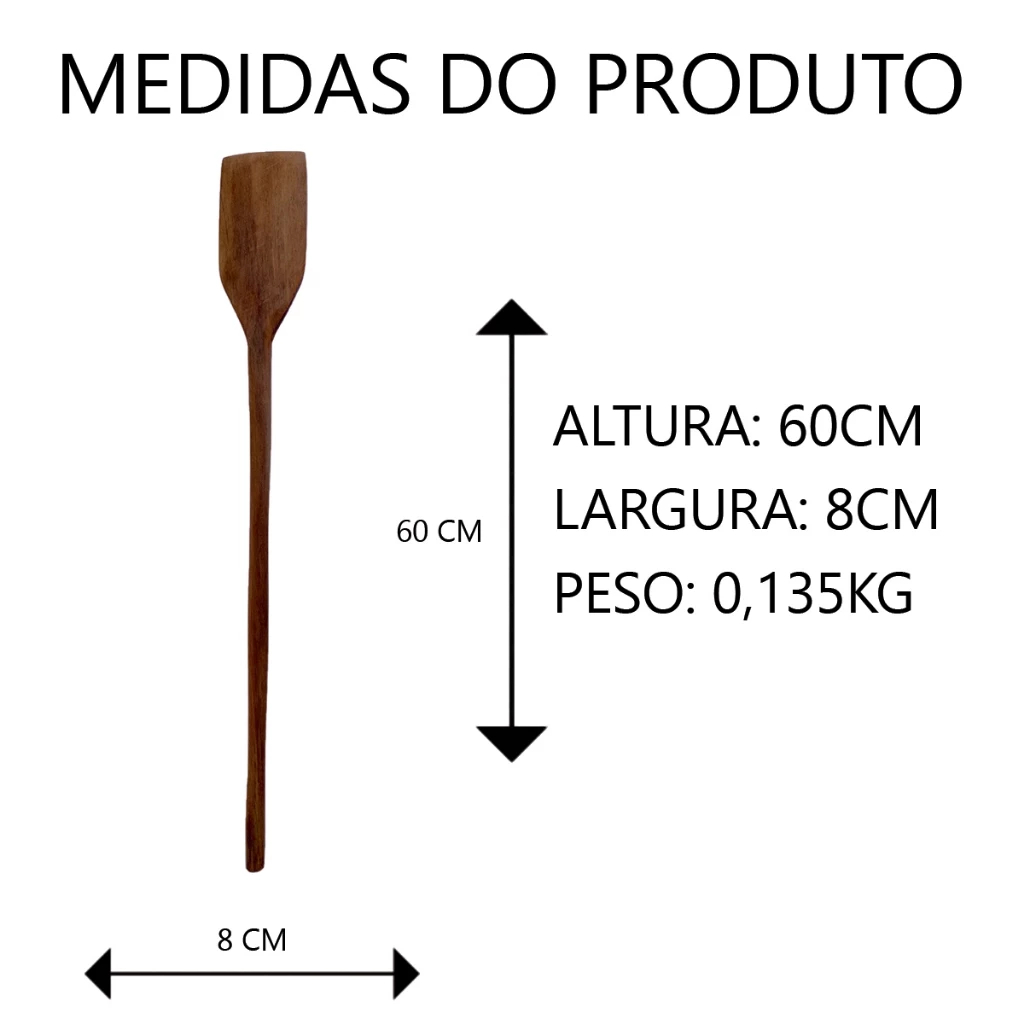 Espátula de Madeira Maciça 60cm Pá de Angu Pizza Bolos Arroz Feijão Porções Doces Antiaderente