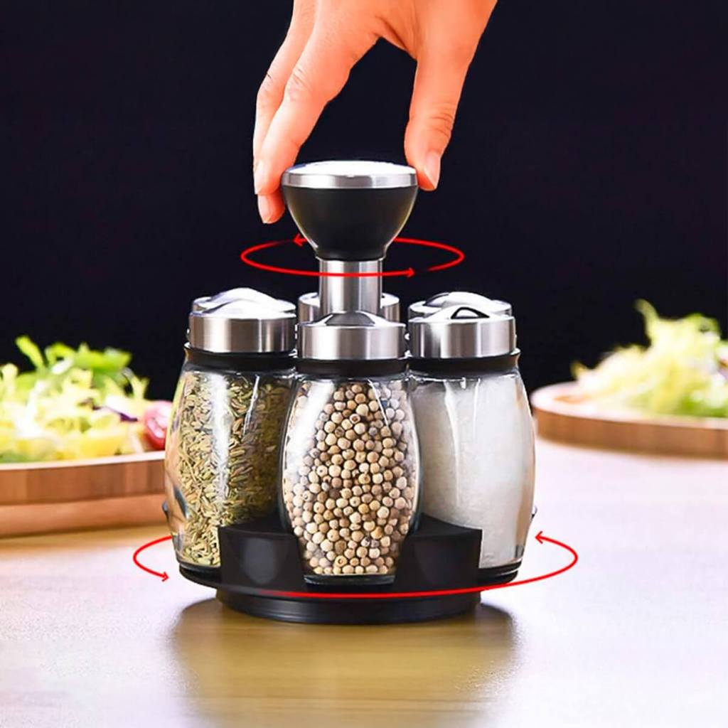 Porta Condimentos e Temperos Cozinha Giratório Suporte 6 Potes em Vidro Porta Tempero Inox Suporte