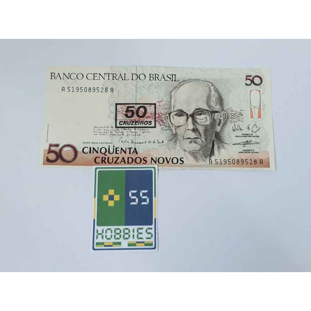 Dinheiro Cédula Antiga 50 Cruzeiros Carimbo em Cruzados Novos Carlos Drummond de Andrade