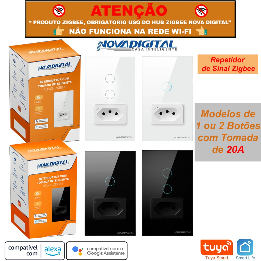 Interruptor Com Tomada de 20a Zigbee Tuya Nova Digital Repetidor de Sinal Mesh > NÃO É WI-FI <