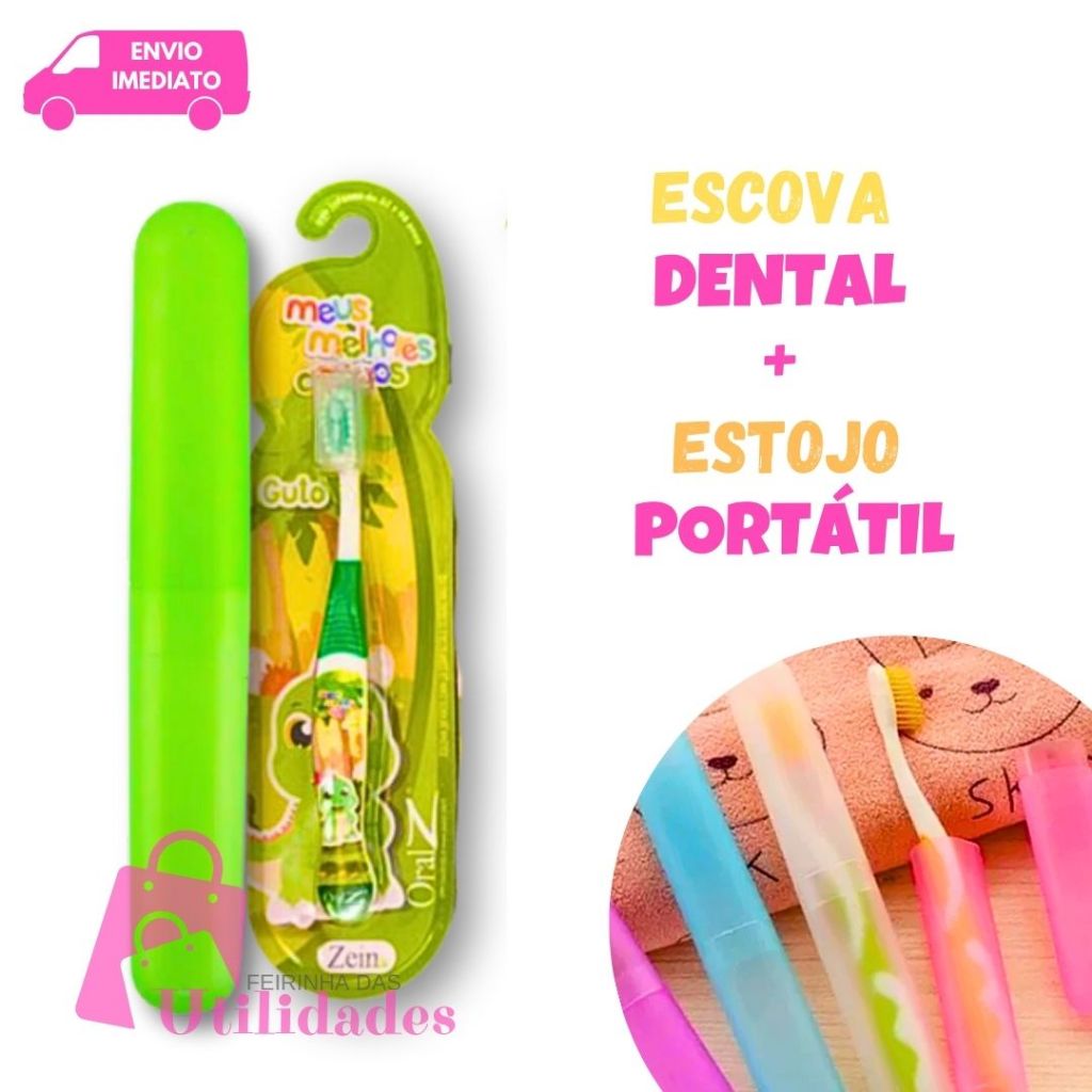 Escova de Dente Infantil Dino + Porta Escova Estojo Portátil