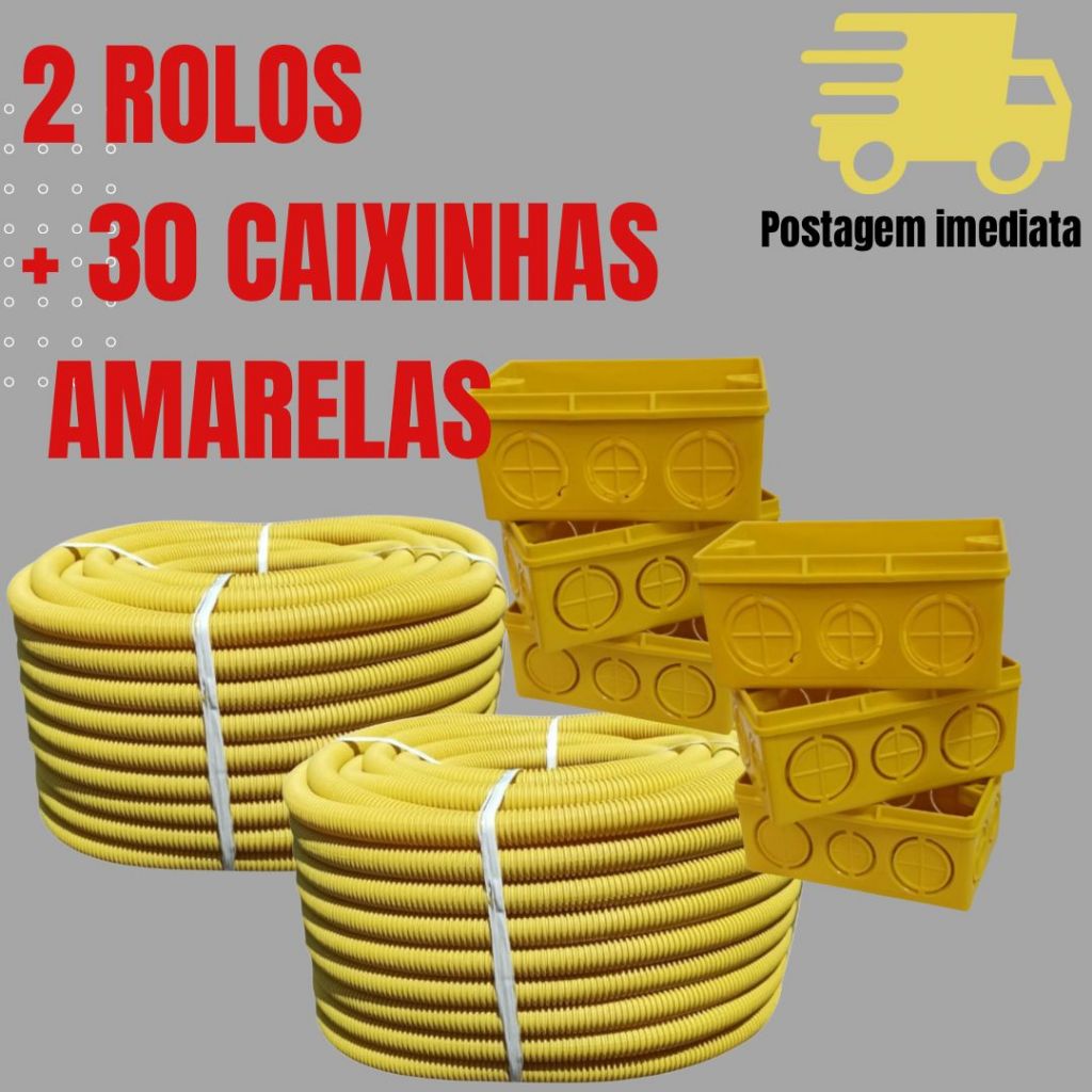 Kit 2 conduite corrugado, eletroduto reforçado + 30 caixinhas 4x2 amarela