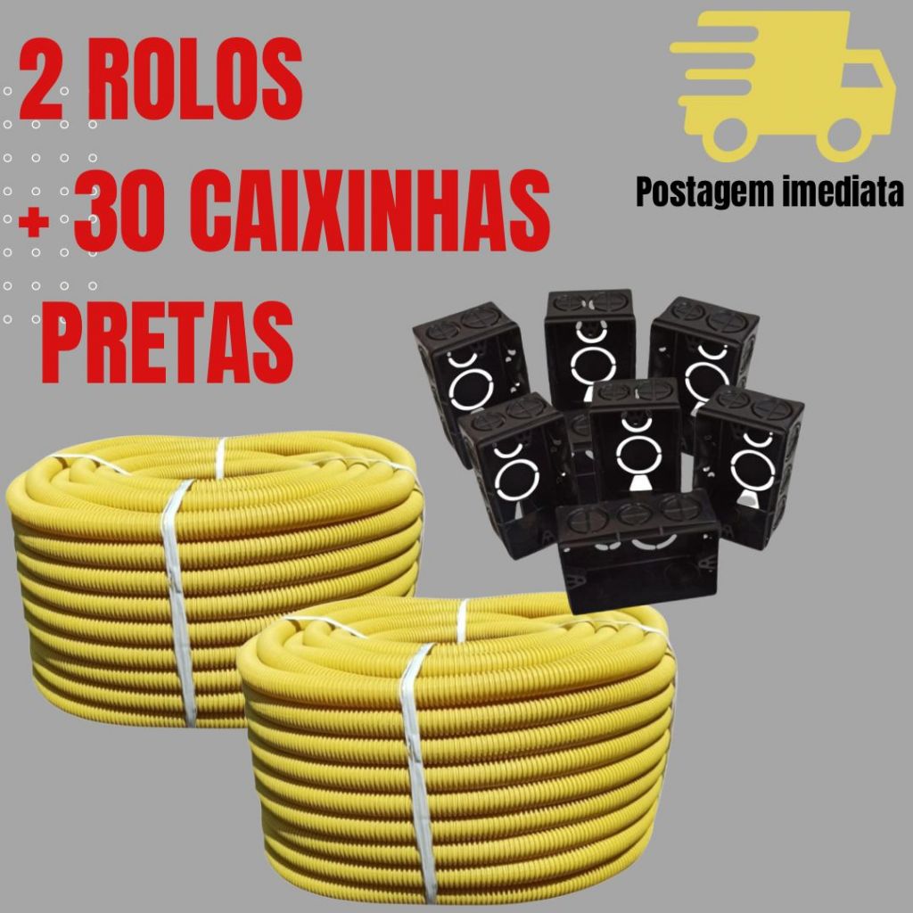 Kit 2 conduite corrugado, eletroduto reforçado + 30 caixinhas 4x2 preta