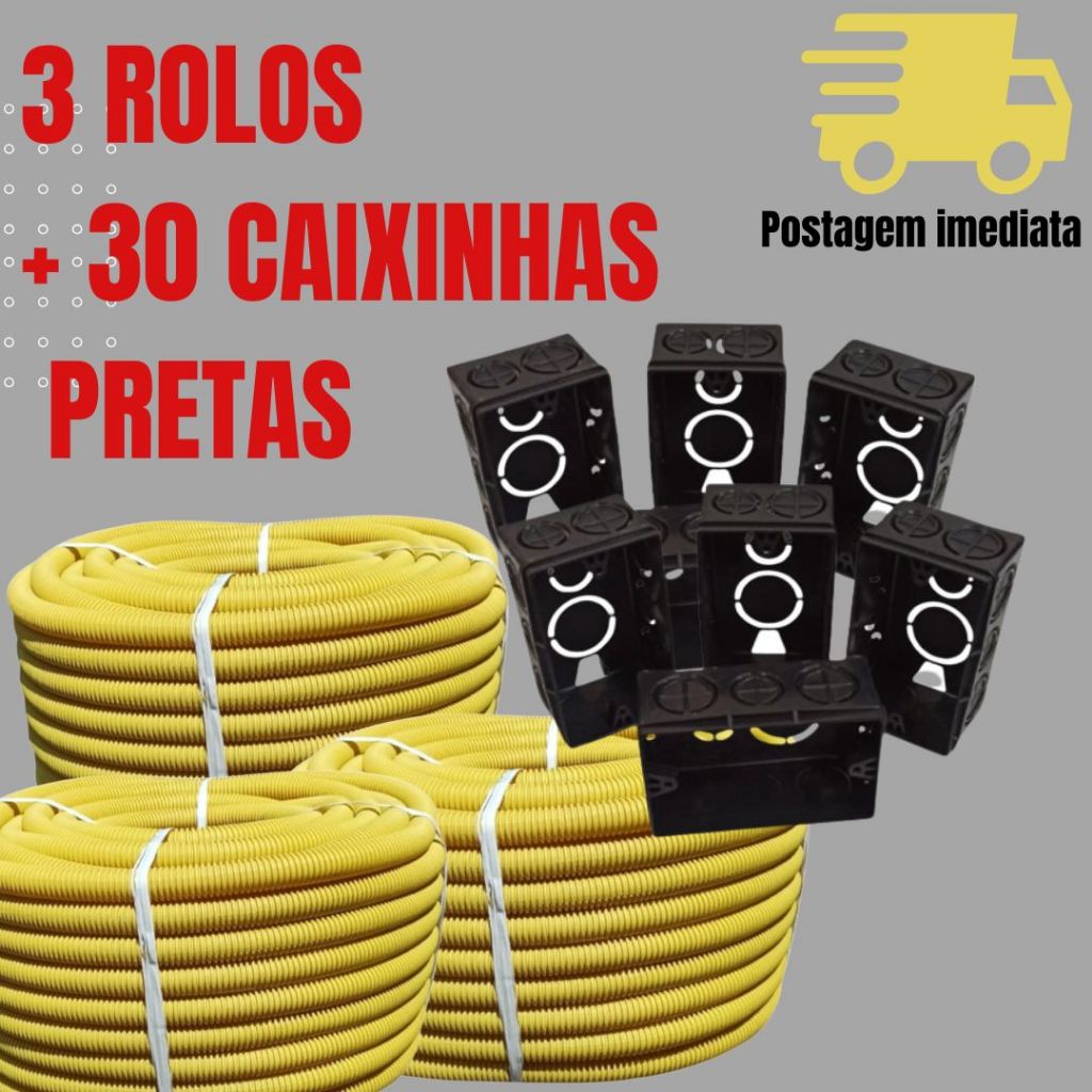 Kit 3 conduite corrugado, eletroduto reforçado + 30 caixinhas 4x2 preta