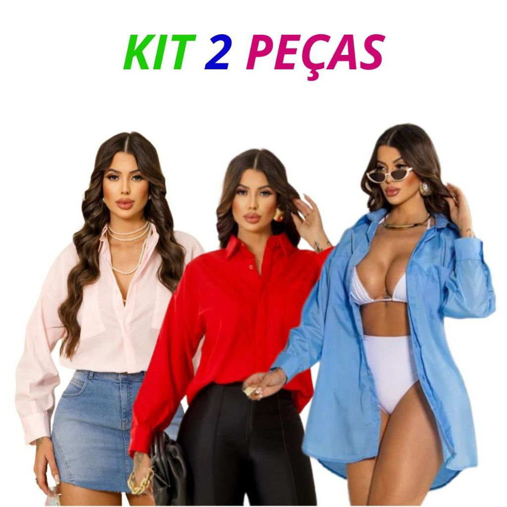 KIT 2 Camisa  Feminina  Social  Cor Preta Tecido  Tricoline  Chamise Oversized  Balada Festa Trabalho hj