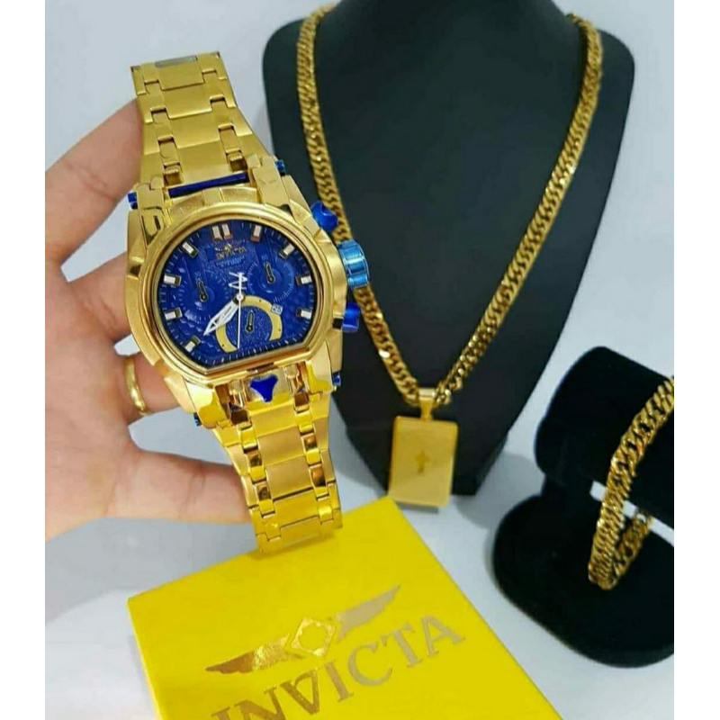 Relógio masculino invicta+conjunto de corrente e puseira o kit completo