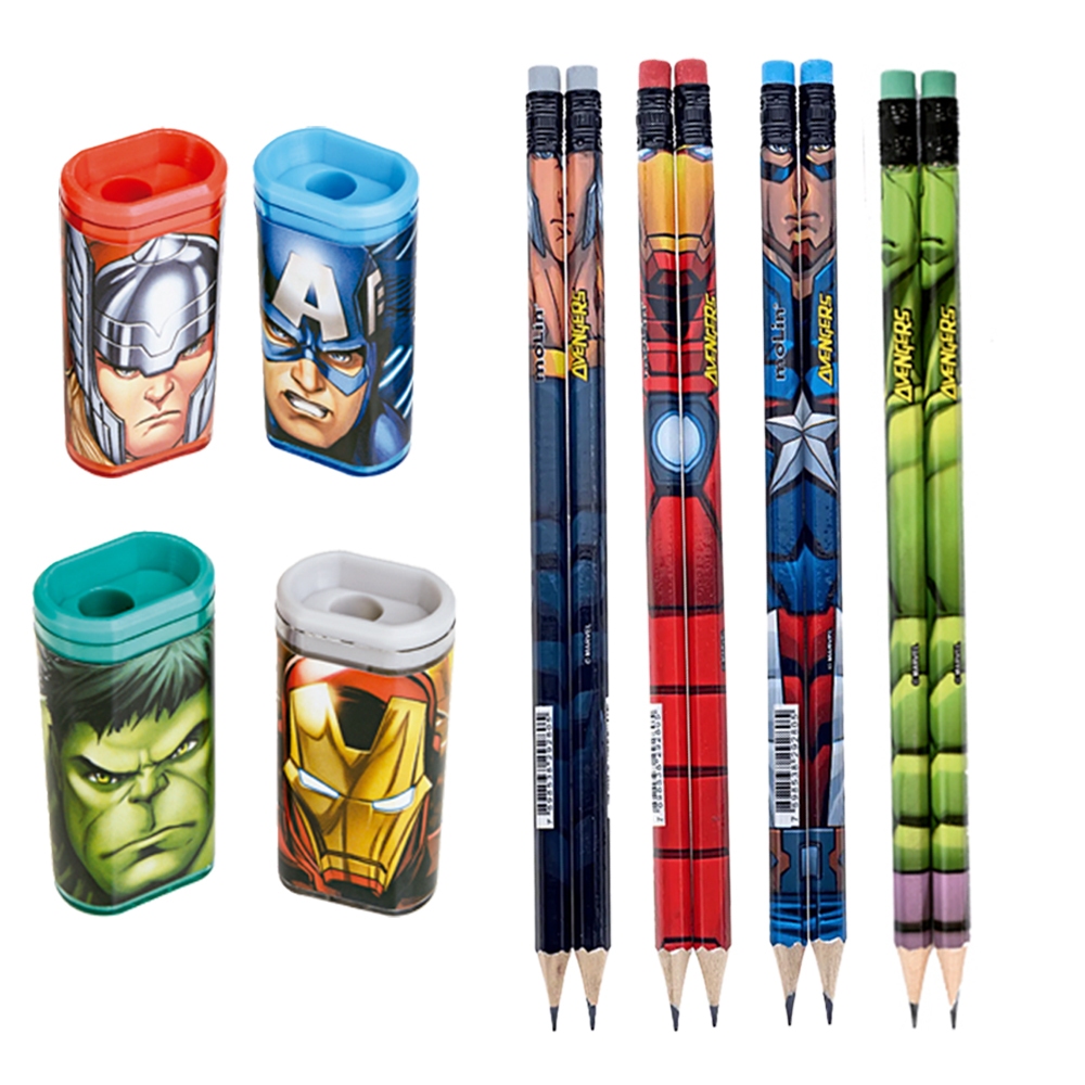 Kit Escolar Vingadores Lápis + Apontador c/ Depósito Avengers Heróis Marvel Papelaria Fofa Criativa Escolar Volta Aulas